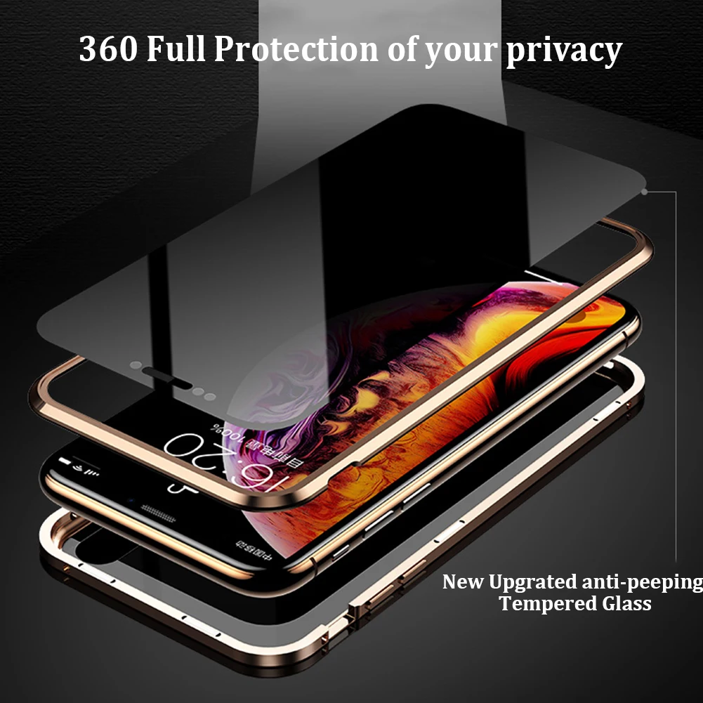 Magnetic Tempered Glass Privacy Protector Case for iPhone XS MAX XR X 11 Pro Max Anti Peep Metal Bumper Samsung Note 10 Plus |