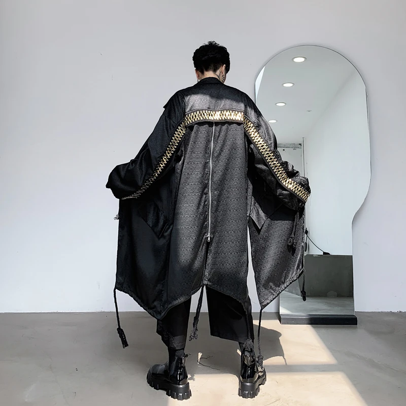 

Male Streetwear Hip Hop Punk Gothic Windbreaker Coat Men Gold Ribbon Loose Casual Long Trench Jacket Overcoat Outerwear
