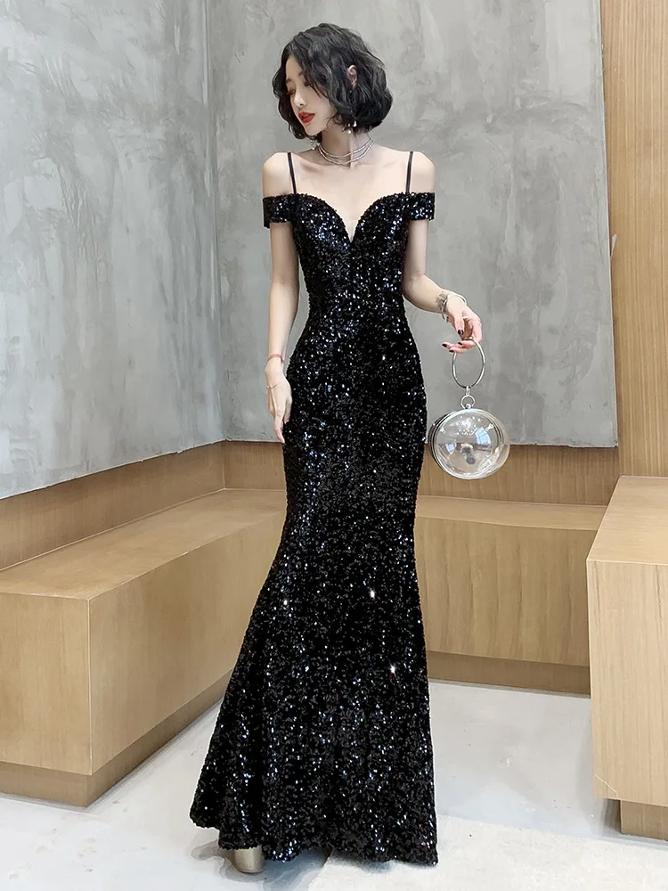 Black Mermaid Evening Dresses Sexy Off Shoulder Sequins Long Prom Party Gowns Cheap Hot Sale Lady Formal Occasion Wear | Свадьбы и