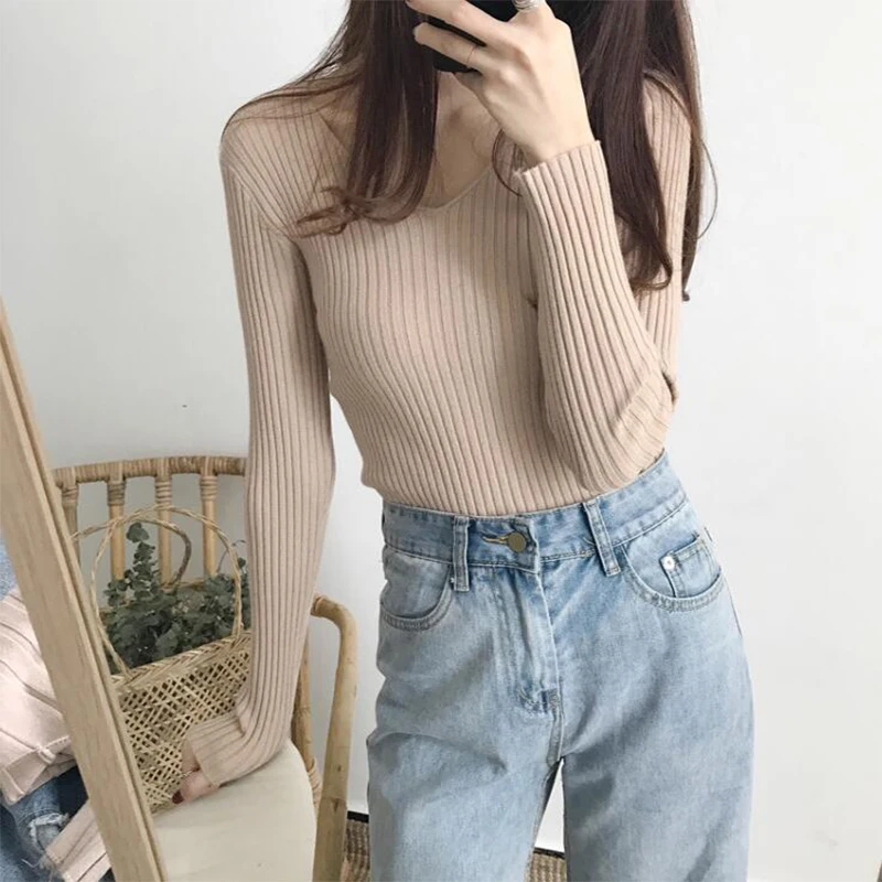 

Korean Autumn V Neck Sweater Knitted Fashion Sweaters 2020 Slim Winter Tops For Women Pullover Jumper Pull Femme Truien Dames