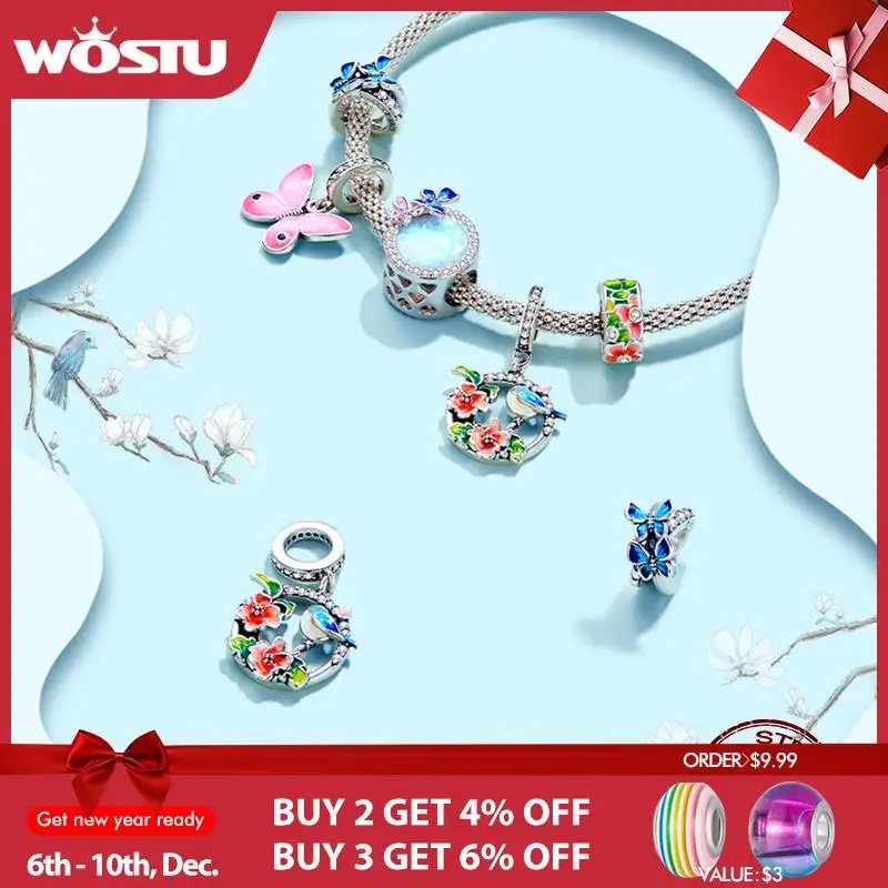 

WOSTU 925 Sterling Silver Colorful Spring Charm Bird & Flower Pendant Fit Original Bracelet DIY Necklace Pendant Jewelry