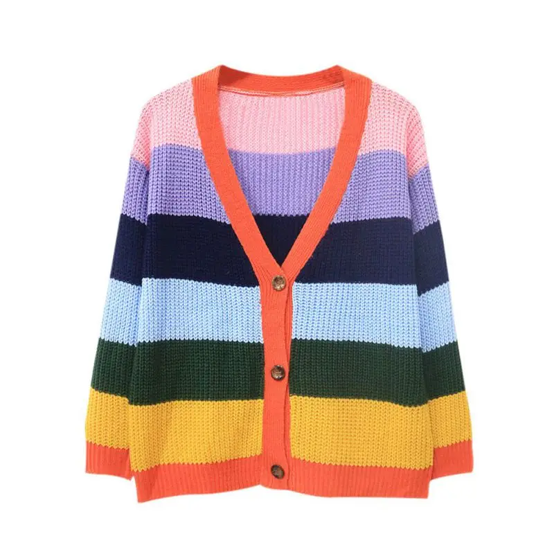 

Women's Cotton Large Size Colored Striped Stitching Three Buckles Casual Loose Cardigan Sweater Orange New Arrival
