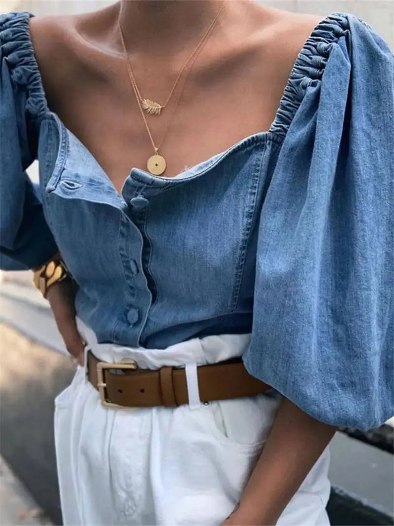 2019 Осенняя женская элегантная сексуальная синяя Повседневная рубашка Женская