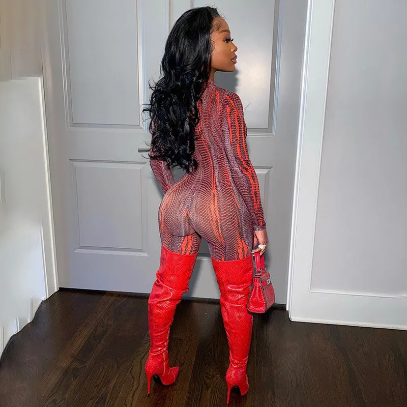

CHRONSTYLEWomen Jumpsuits Sexy Women Snake Skin Print Zip Up Playsuit Clubwear Bodycon Long Sleeve Bodycon Biker Shorts Rompers