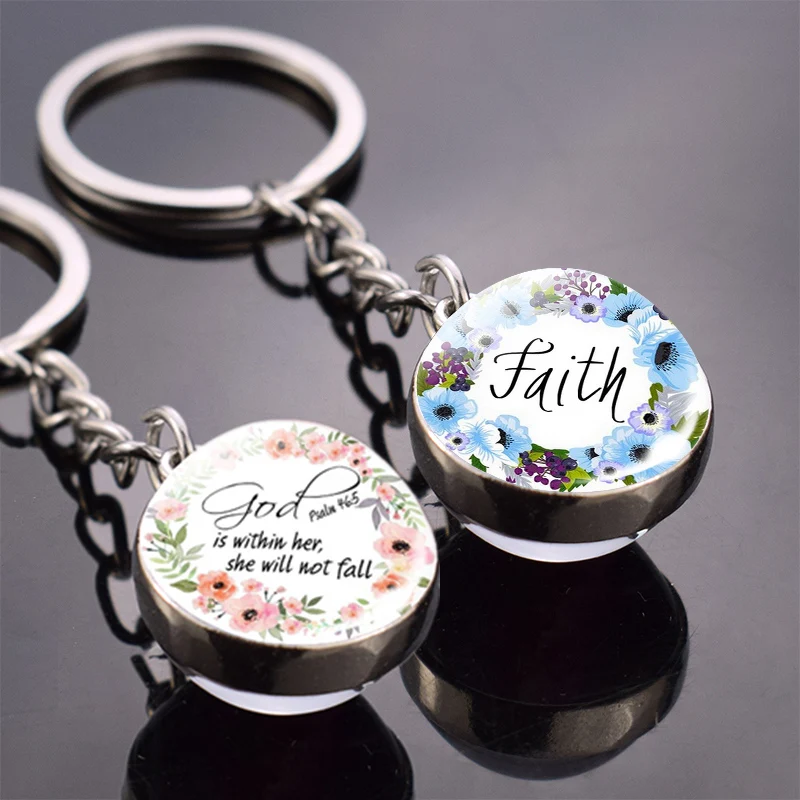 

Bible Verse Key Chains God Is Within Her She Will Not Fall Double Side Glass Ball Keychain Faith Walk in Love Pendant Keyring