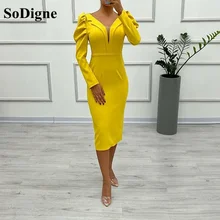 SoDigne – robe de soirée sirène en Satin pour femmes, Simple, longueur thé, col en v, manches longues, Sexy, tenue de bal arabe  (1)
