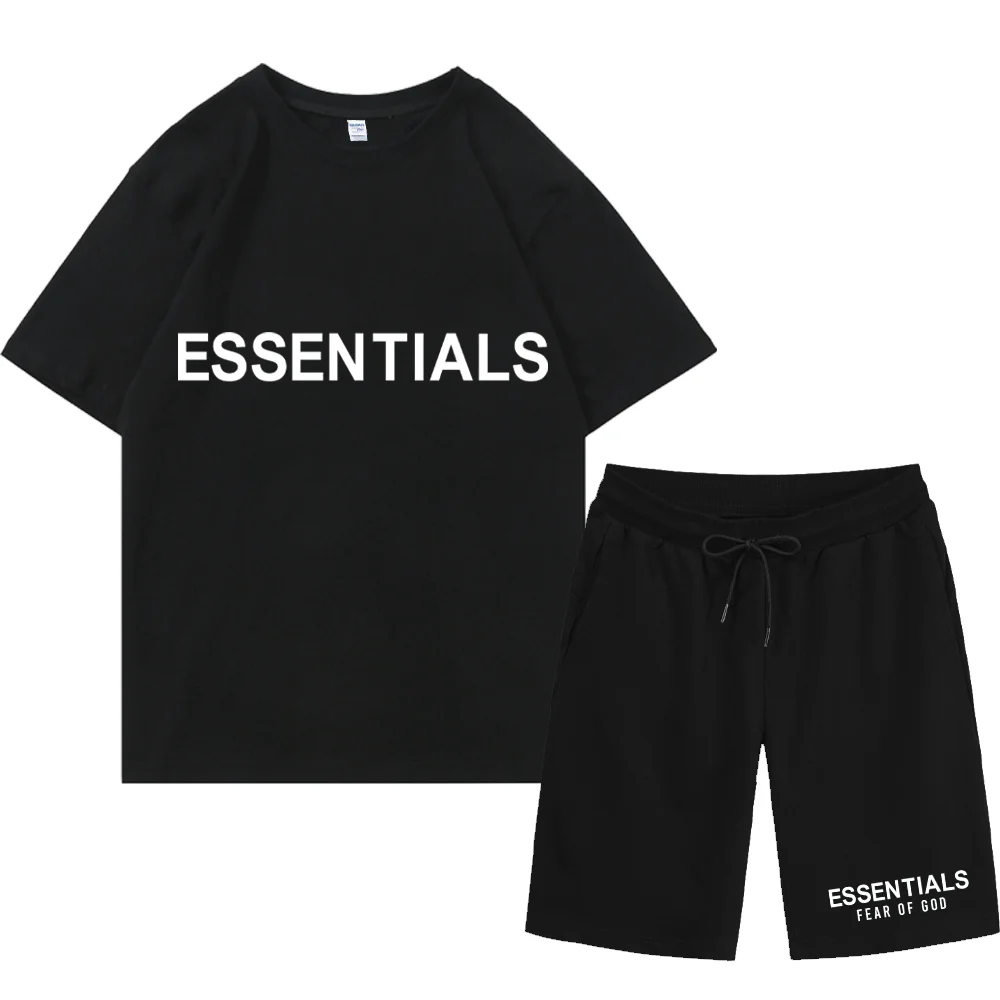 

Merk Essentials Grappige Mannen T-shirt + Strand Shorts Sets 2021 Zomer Sportkleding Jogging Broek T-shirt Streetwear Harajuku