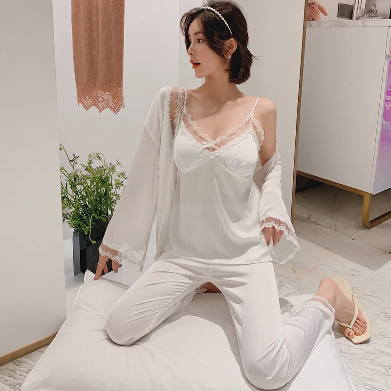 

Beautiful Sling Pajamas Three-piece Ice Silk Belt Chest Pad Sexy Simulation Silk Nightgown Home Wear
