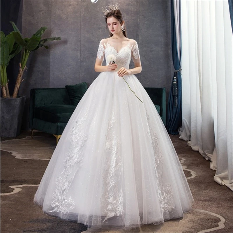 

New korean style A-Line Sweetheart pluse size wedding dress 2022 Short Sleeve Lace Embroidery Vestido De Noiva Elegant Bride
