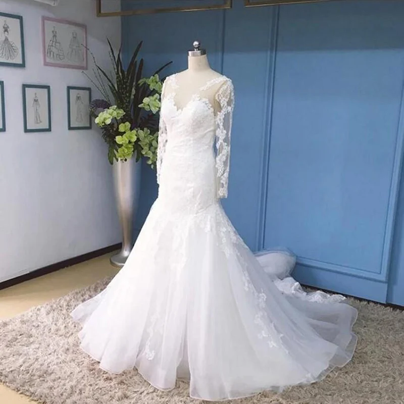 

Vintage Mermaid Wedding Dresses Long Sleeves Lace Illusion Bodice Sheer Neck Chapel Train Custom Made Bridal Wedding Gowns