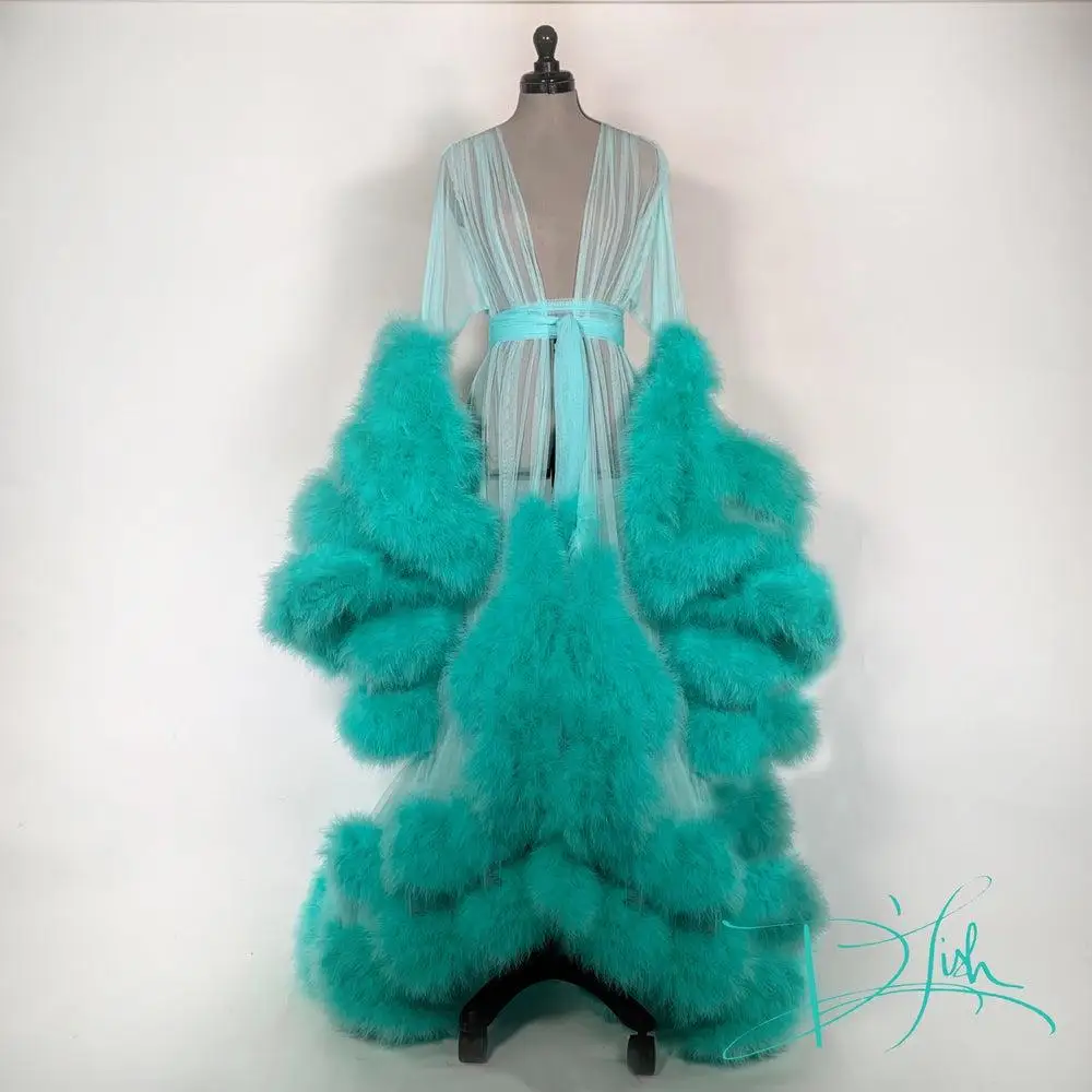 

Ostrich Feather Bathrobe Sleepwear Bathrobe Boudoir Dress A Line Kimono Dressing Gown Babydoll Lingerie Bath Robes De Mariée