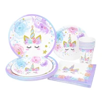 16pcs cartoon unicorn plate cup napkin diy paper craft birthday wedding party favors disposable tableware dishes baby shower