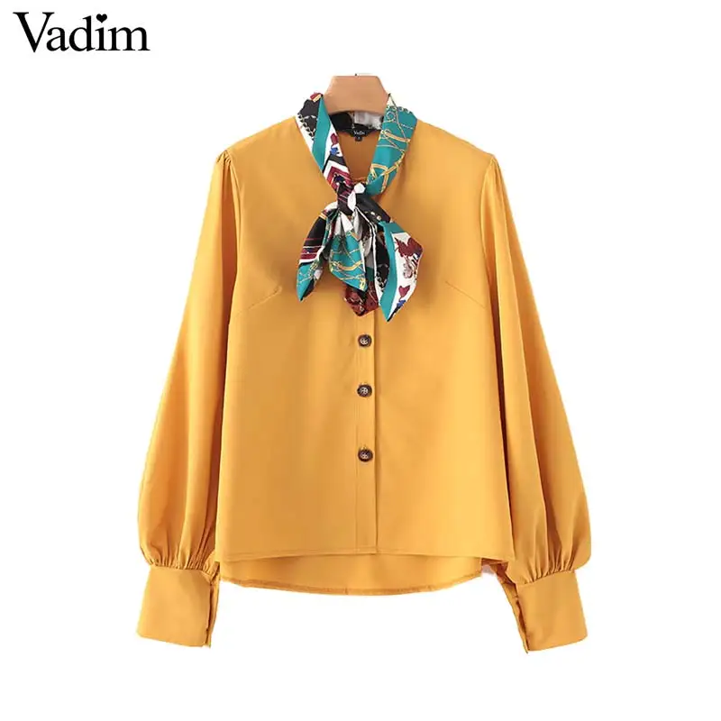 Vadim Женская стильная желтая блузка с воротником-шарфом украшенные рубашки