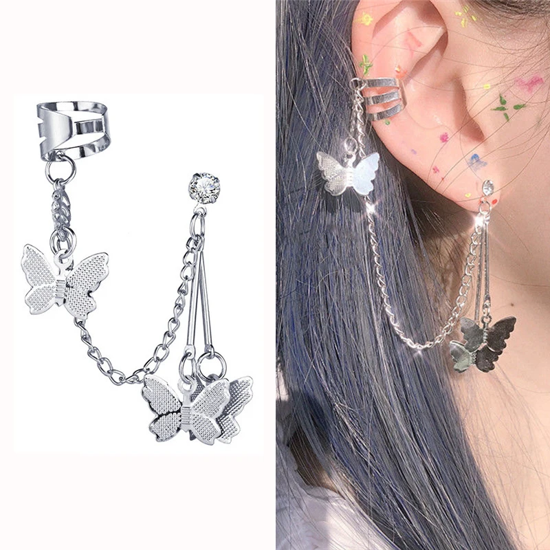

2021 Fashion Trend Butterfly Clip Earrings Ear hook Stainless Steel Ear Clips Double pierced Earrings Women Girls Jewelry