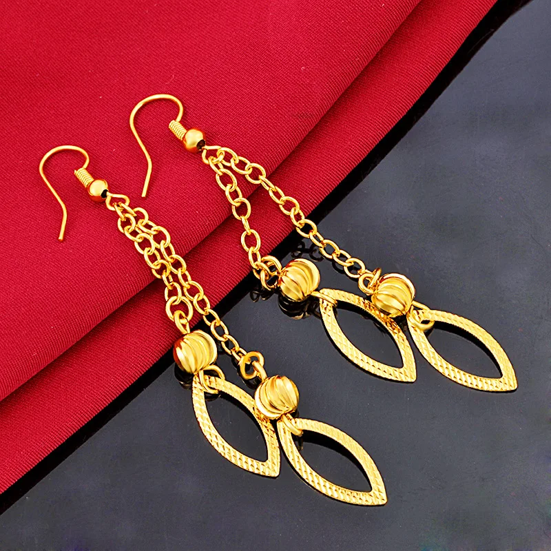 

14k Yellow Gold Long Tassel Leaf Earrings for Women Vintage Gold-plated Earring Set Wedding Engagement Birthday Jewelry Gifts