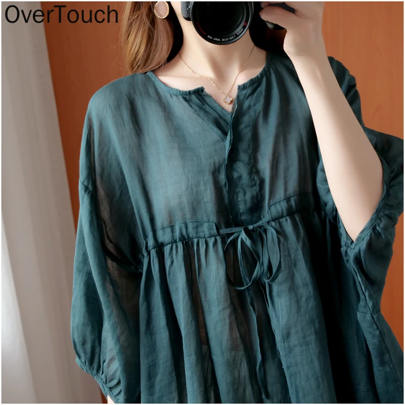 

2021 Women T-Shirt V-Neck Retro Linen Style Tee Shirt Oversize Patchwork Solid Vintage Female Loose Bat Summer Tops 5XL