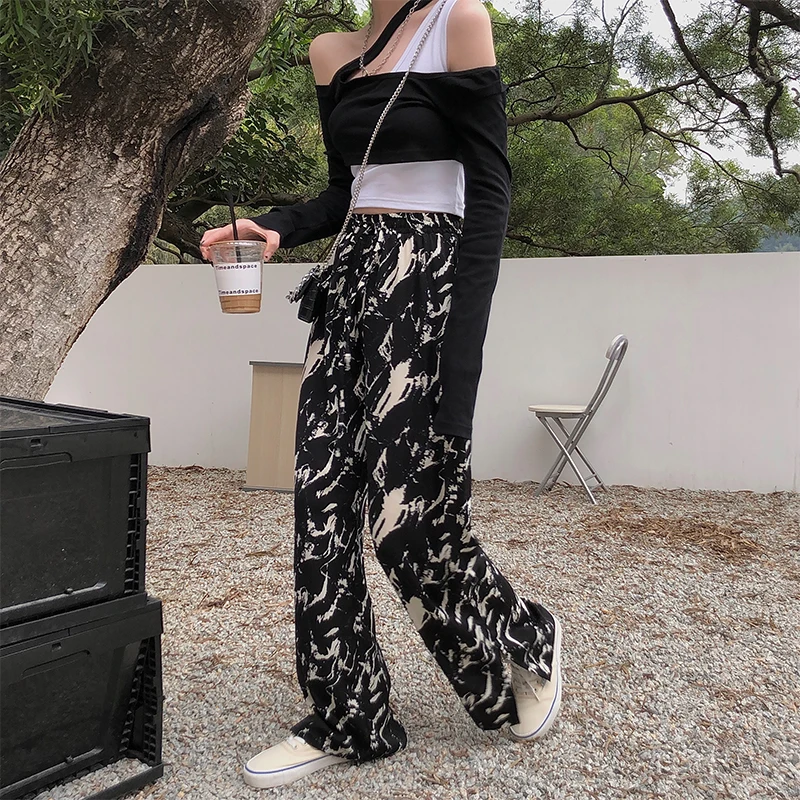 

Pants Women Harajuku Tie Dye Split Fort Loose Was Thin Show High Casual Streetwear Wild Pants Wide-Leg Pants 2021 New Summer