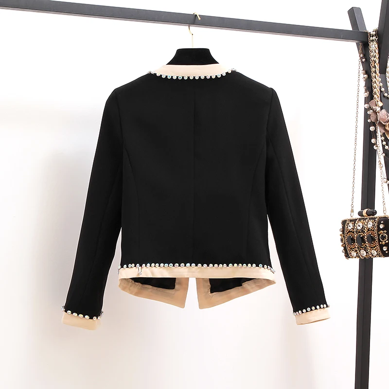 

High Quality female jacket Bow Beading Diamonds tweed Black Woolen jackets women long sleeve fashion coat clothing 2021