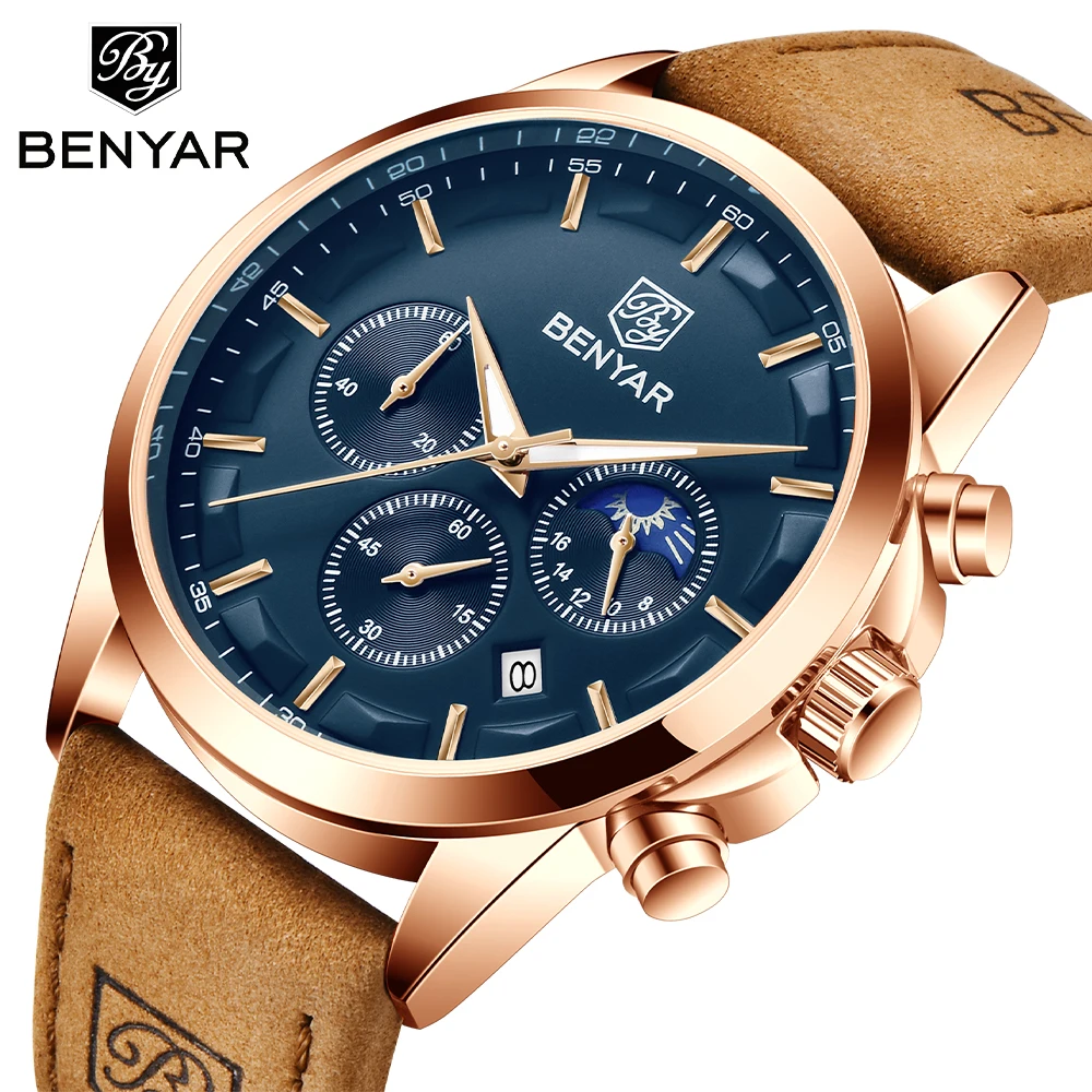 

BNEYAR Top Brand Men Quartz Wristwatches Fashion Sports Chronograph Watch Leather Waterproof Military Watch for Men reloj hombre