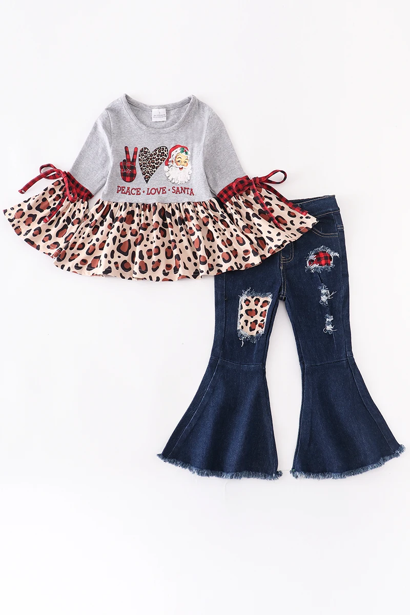 

Girlymax 3 Color Christmas Tree Santa Baby Girls Leopard Plaid Flare Top Ruffle Denim Jeans Bell-bottoms Pants Set Kids Clothing
