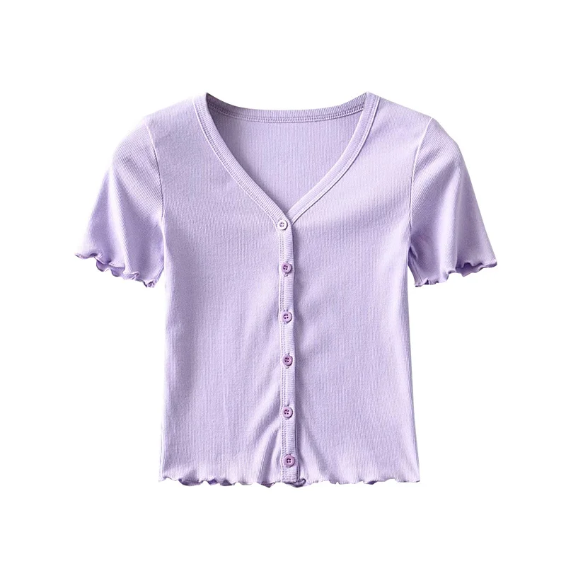 

XUXI 2021 Summer Retro T-shirt Fashion Short Sleeve V-neck Slim TShirt Top Women Short Thin T Shirt Cardigan E2318