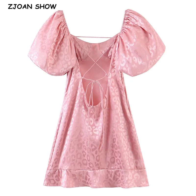 

Retro Women Jacquard Leopard Pink Satin Mini Dress Sexy Elastic Short Lantern sleeve Cross Lacing up Back Backless Party Dresses