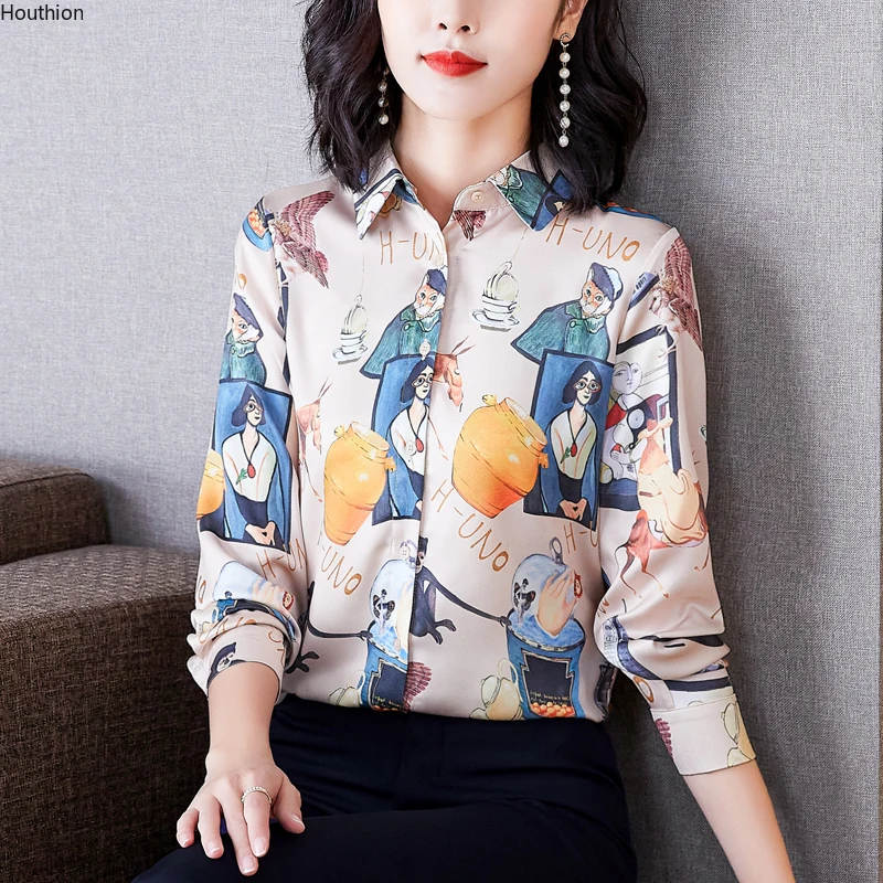

Женская блузка Houthion, Повседневная летняя рубашка, рубашка-поло с воротником и надписью, удобный новый модный топ с длинными рукавами