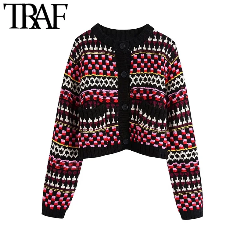 

Женский жаккардовый кардиган на пуговицах, с длинным рукавом