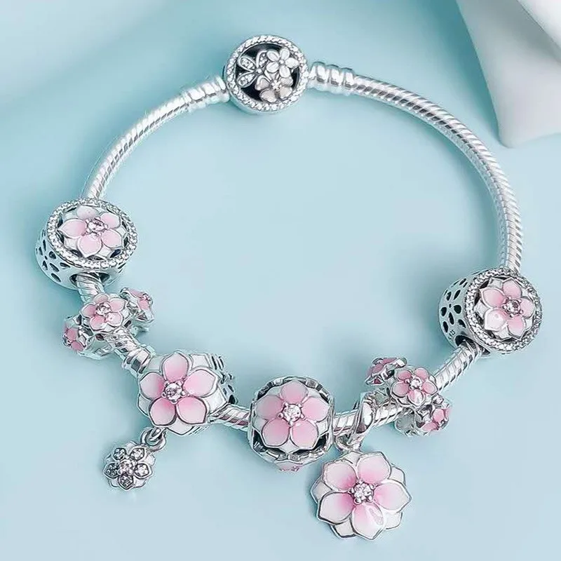 

925 Sterling Silver Peach Blossom Series Charm With Peach Blossom Button Bracelet Fit Original Pan Charm Female Diy Jewelry