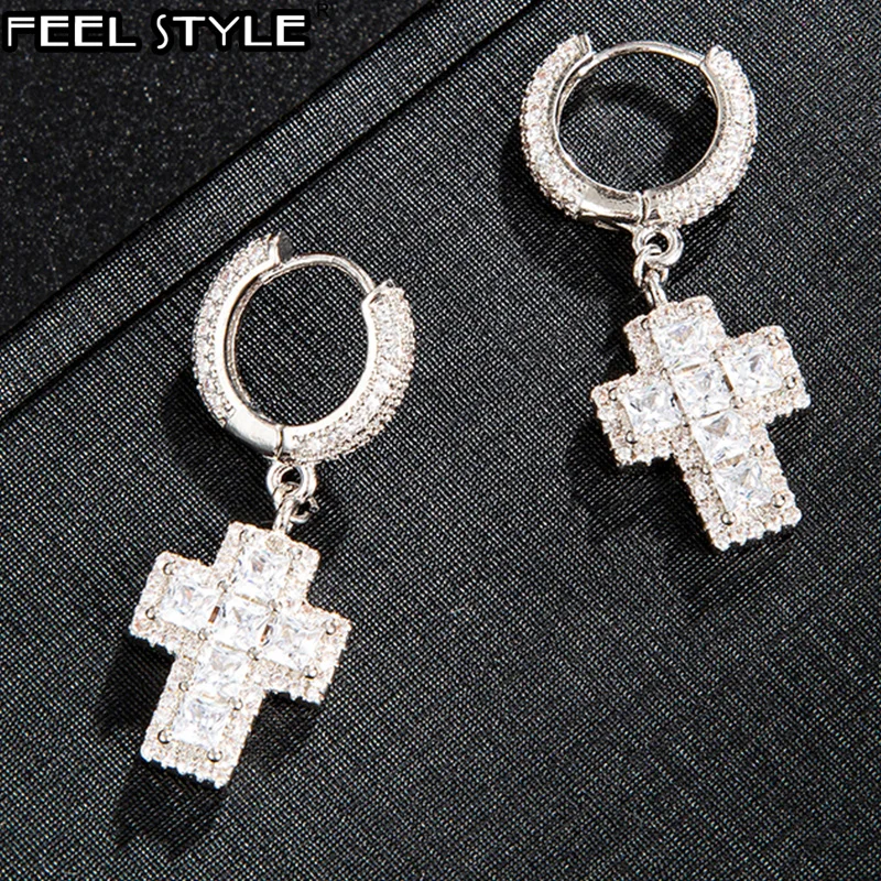 Хип-хоп 1 пара ледяной багет циркон крест свисающие Висячие серьги-гвоздики