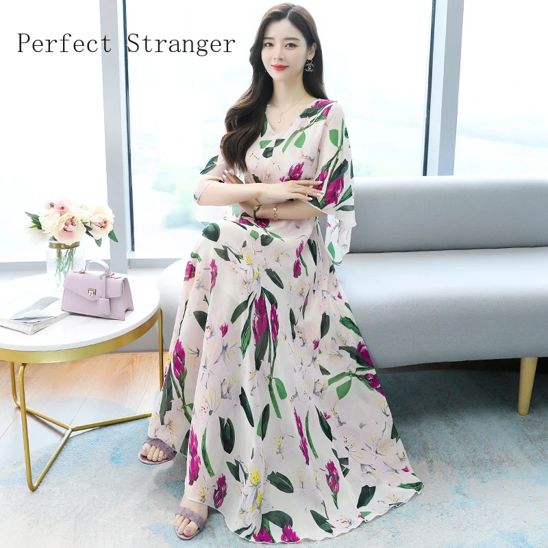 

High Quality 2021 Summer Dress For Women V Collar Floral Printed Bat Sleeve Women Chiffon Long Dress High Quality