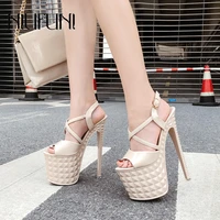 niufuni 19cm ultra fine high heeled womens sandals peep toe cross lacing womens shoes waterproof platform metal buckle sandals