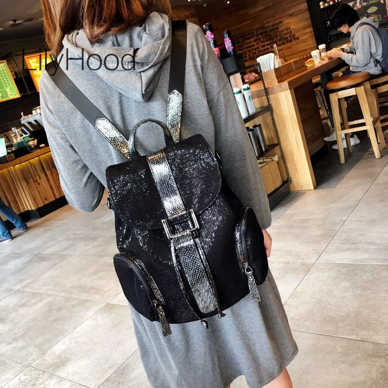 Женский модный черный рюкзак с пайетками качественный сетчатый дизайнерский