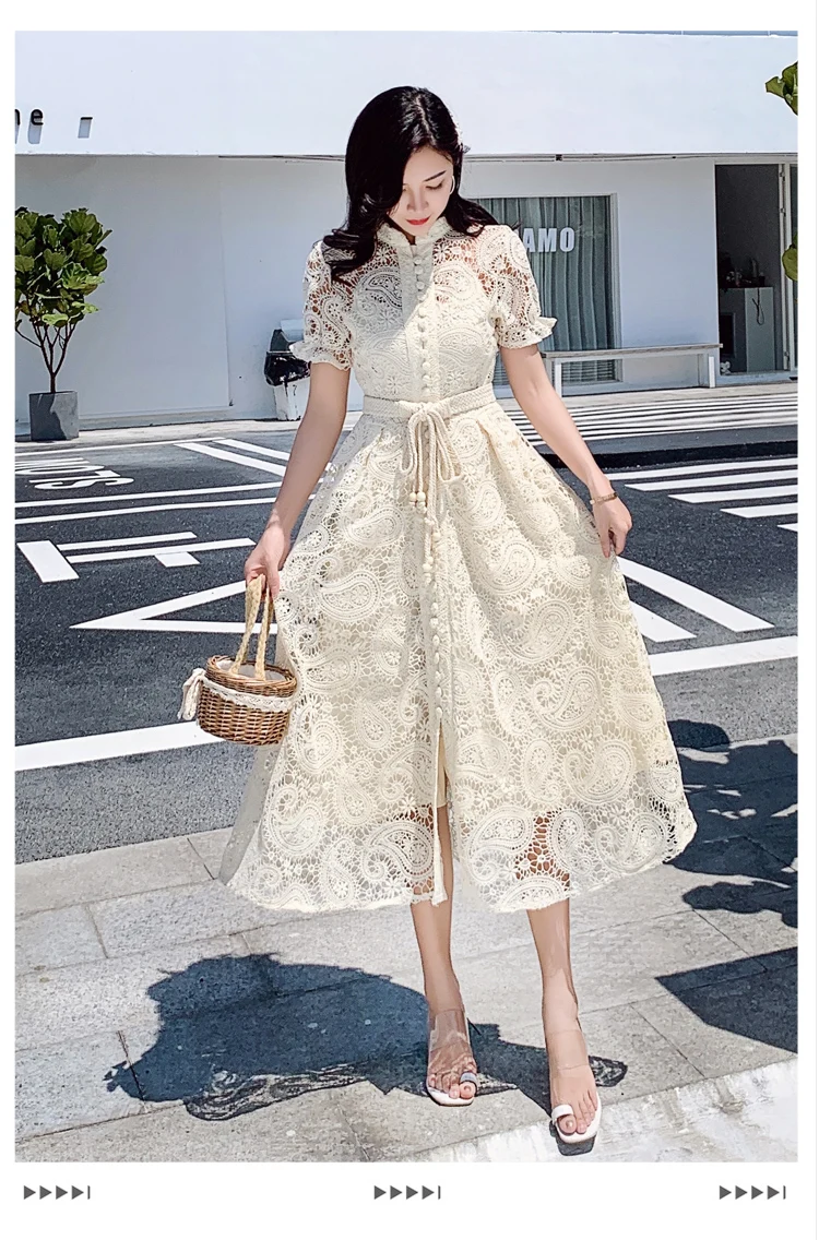 

2021 Summer Dresses for Women New Lace Hollow Out French Royal Court Style Dress Slimming Tied Elegant Temperament Long Dress