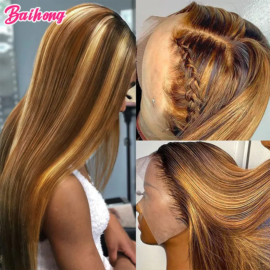 Enlarge Middle Part Lace Wig 4/27 Bone Straight 180% Density Mongolian Lace Closure Wig Honey Blonde Pre Plucked T Part Lace Front Wig