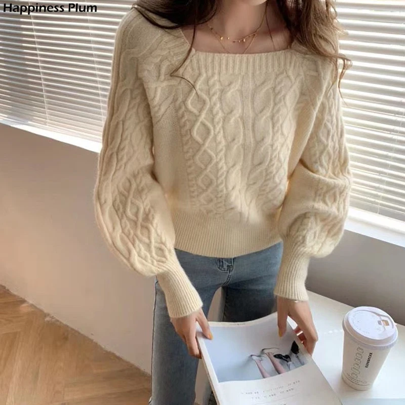 

Square Collar Sweater Women Long Sleeve Casual Knitted Ladies Tops Jumper Pullover 2021 Autumn Winter Sweaters