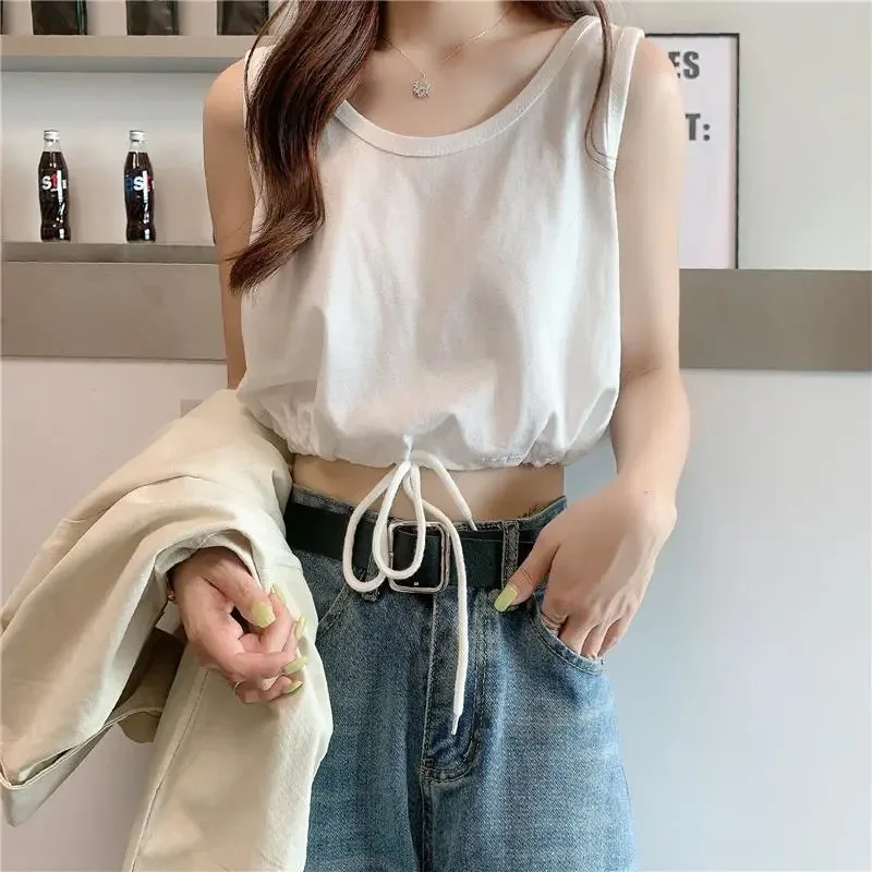 

Women Casual White Cotton Tank Top Sexy Girls Lace Up Vest 2021 Korean Fashion Chic Sleeveless Tops