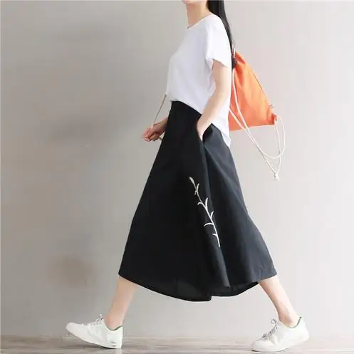 Летние брюки Винтаж трава вышитые женские свободные твердые черные эластичные