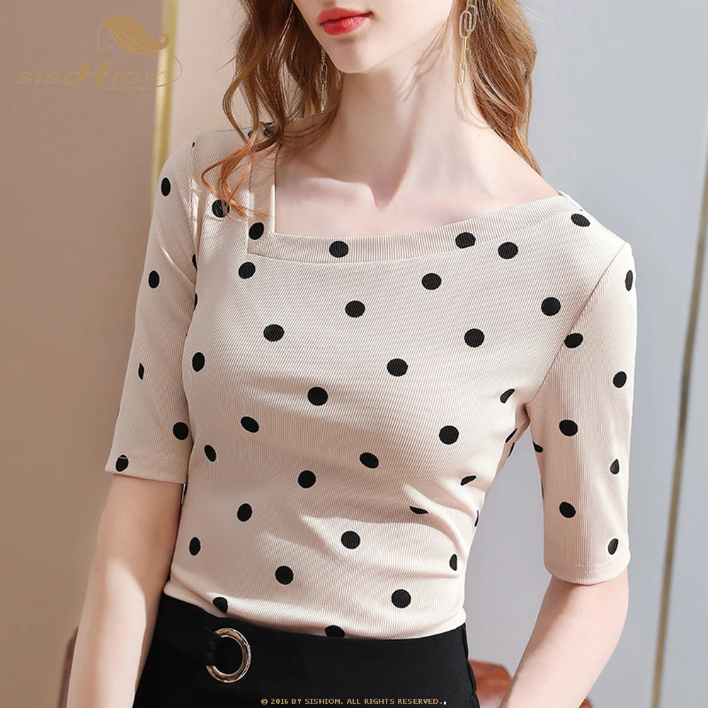 

SISHION Polka Dots Half Sleeve T Shirt Women VD2278 2021 Autumn Tops Blouses T-shirts