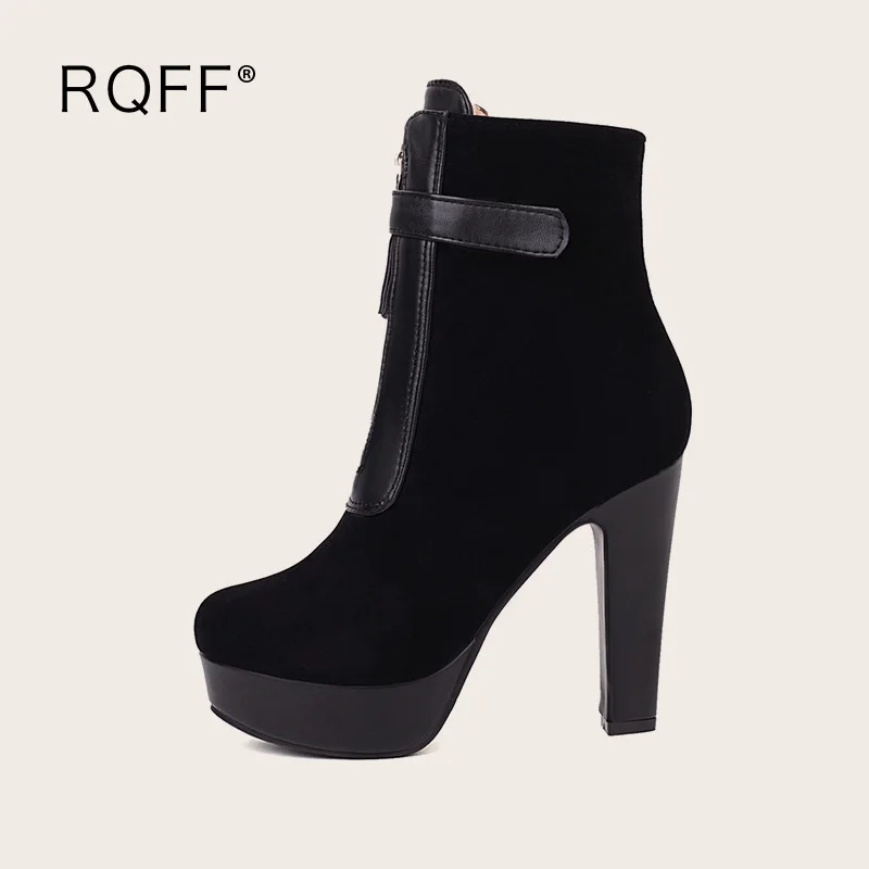 

Ankle Boots Women Sexy Super High Spike Heels Plus Size 44-50 Round Toe RQFF Nubuck Fashion Platform Footwear Lady Buckle Shoes