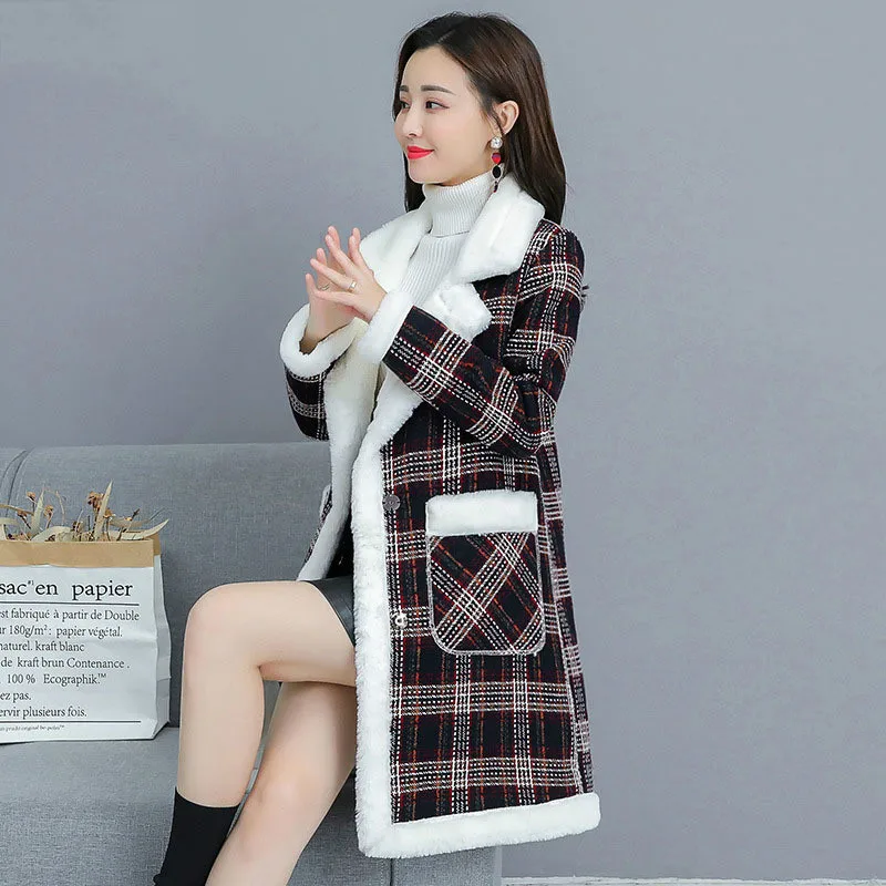 

ZHUISHU 2020 Winter Women's Black Plaid Long Wool Coat Trench Coat Loose and Warm Thick Single-breasted Lapel Coat