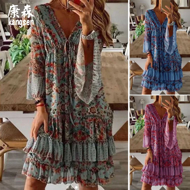 

Dress fashion printed cotton mid-waist temperament commuter light luxury blue dress