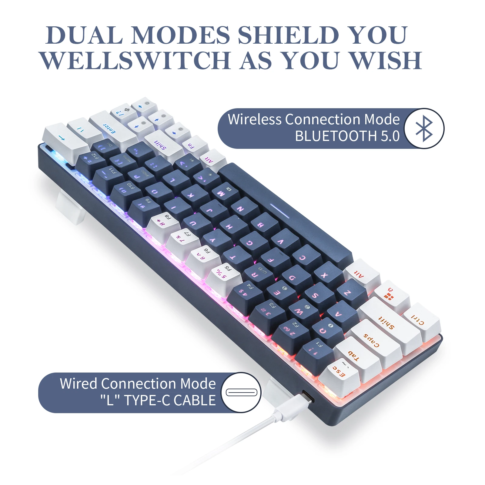 hou ji cq63 wiredwireless bluetooth mechanical keyboards 63 keys rgb led backlit gaming keyboard for win ios android laptop pc free global shipping