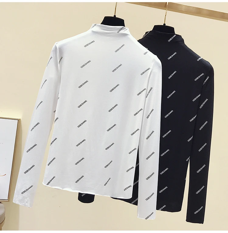 gkfnmt Women's Tshirt Letter Printing Long Sleeve Tops Basic Turtleneck T Shirts Autumn Winter Tee Shirt Femme White clothes