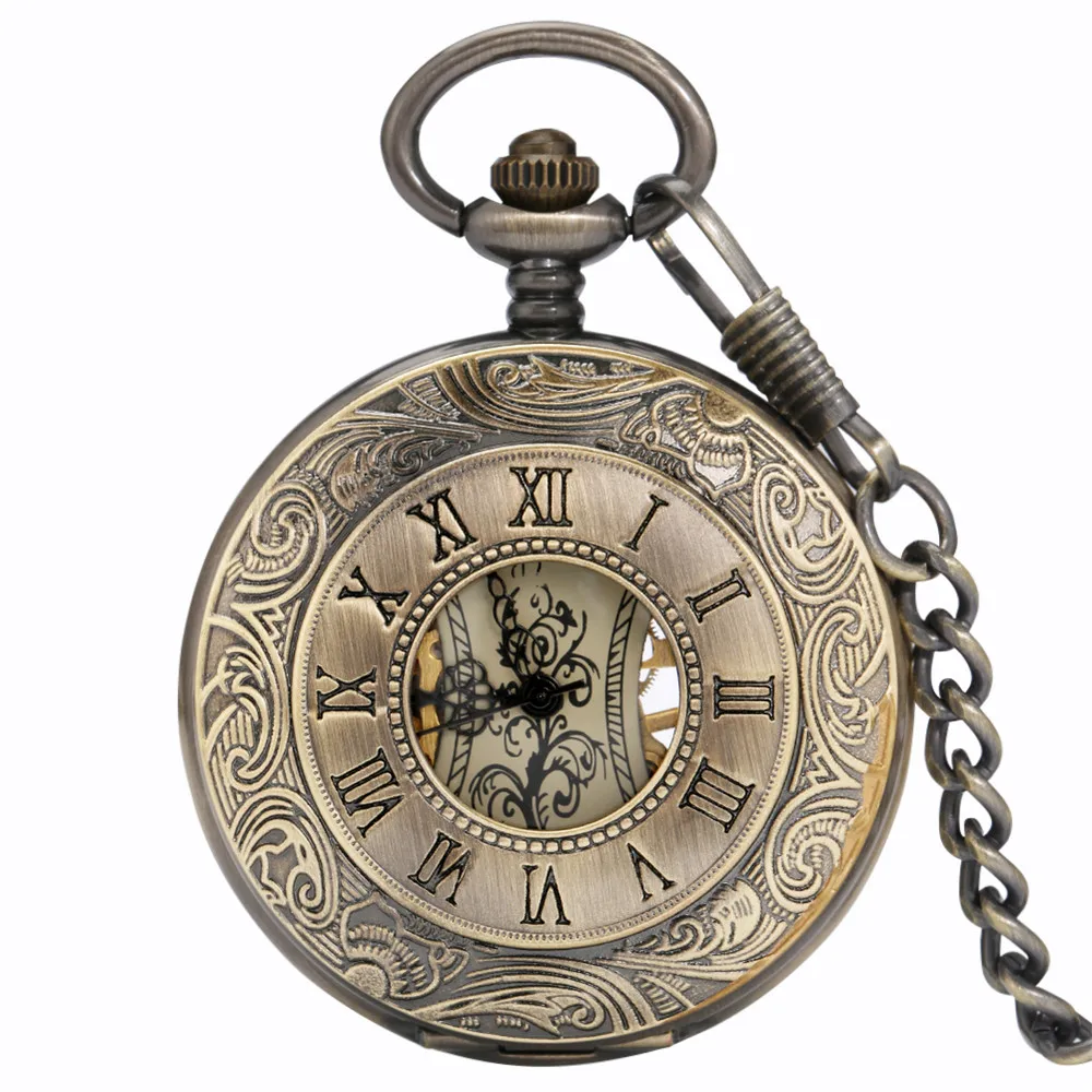 Elegant Flower Roman Numerals Mechanical Hand Winding Pocket Watch Retro Bronze Male Pocket Pendant Manual Mechanism Timepiece