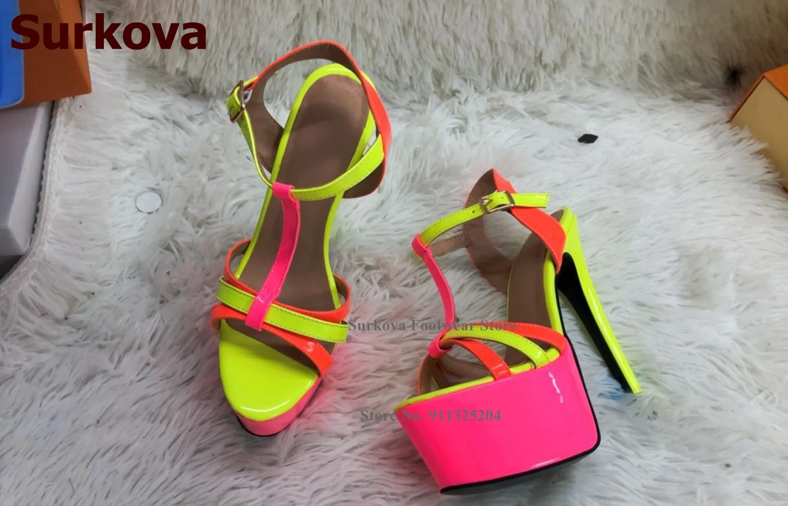 Surkova Neon Yellow Stiletto Heels Platform Sandals Colorized T-Strap Bride Shoes Women Amazing Mirror Leather Patchwork Pumps images - 6