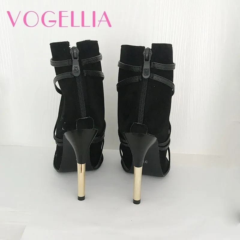 

2018 New Fashion Woman Faux Suede Pumps Sexy Open Toe Ankle Boots Slip On Deep V Cut High Heel Lady Autumn Shoes