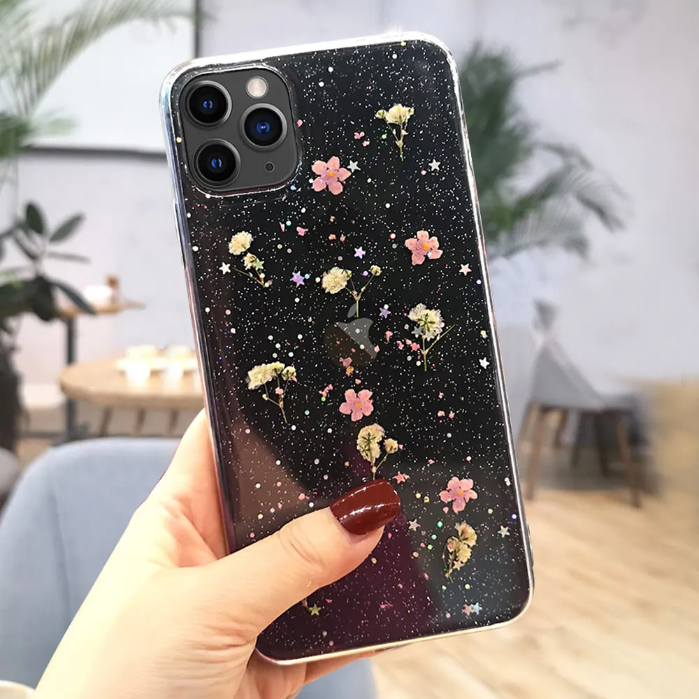 Ударопрочный Тонкий чехол с цветами для IPhone SE 2020 11 Pro Max X XR XS MAX 6 6S 7 8 Plus прозрачный