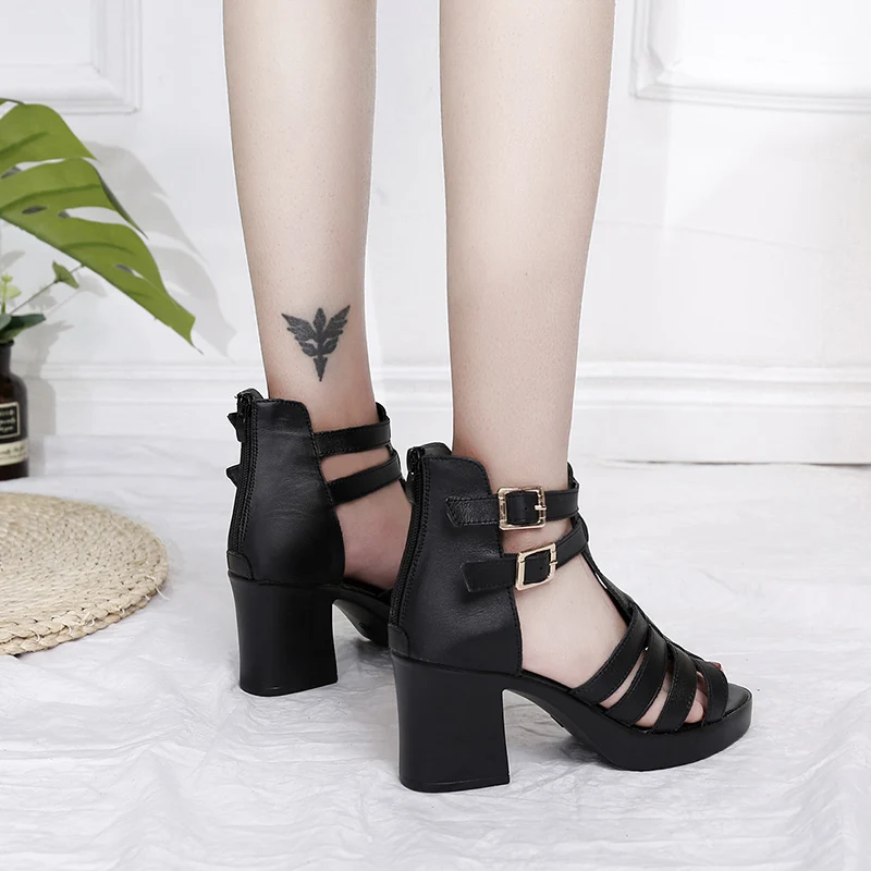 

Rimocy Black Double Buckle Square Heels Sandals Women Fashion Platform Ankle Strap Pumps Woman Sexy Peep Toe Gladiator Shoes