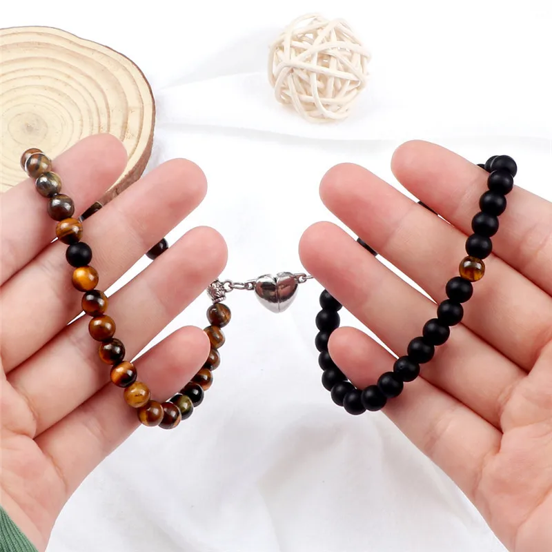 Магнитный браслет 2 шт./компл. 6 мм натуральные черные лавовые камни бусины сердце